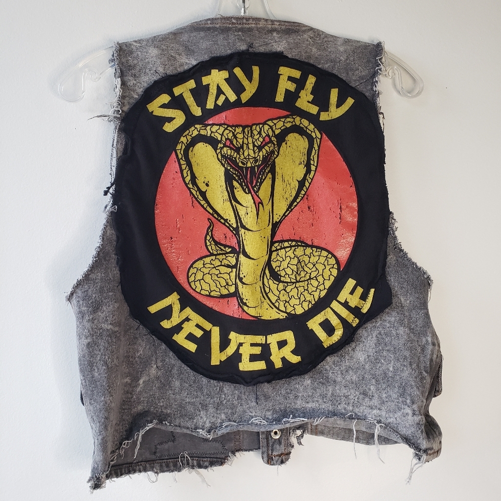 Handmade OOAK Grey Denim Jean Crop Acid Wash Vest Cobra Outlaw + Skull Skates